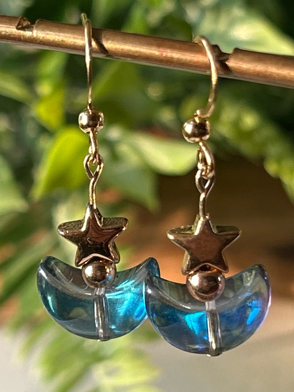 Gold Star Drop Earrings with Blue Crescent Moon